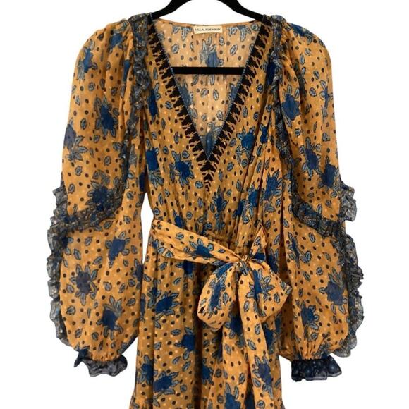 Ulla Johnson Romilly Silk Floral Orange Blue Long Sleeve Midi Dress Size 4 - Picture 7 of 14